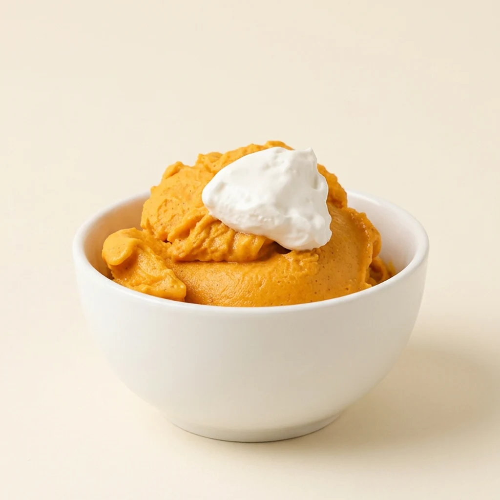 Homemade pumpkin protein ice cream in a white bowl with a dollop of whipped topping