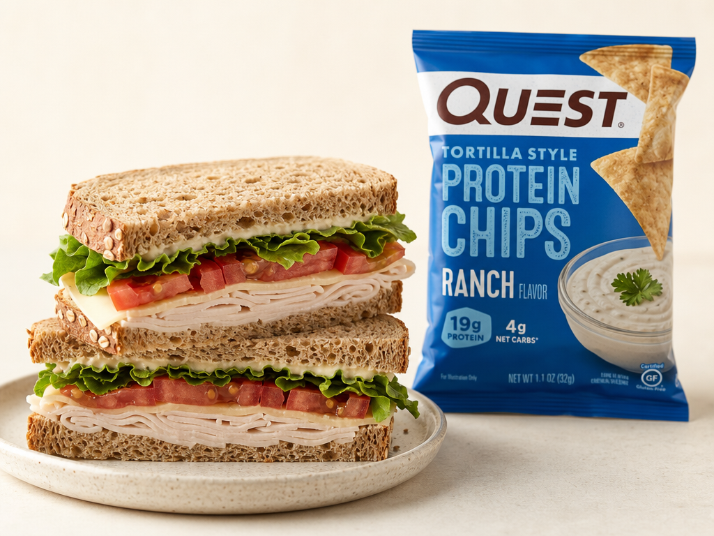 A stacked turkey sandwich on thin-sliced whole grain bread with lettuce and tomato, next to a bag of Quest Protein Chips.