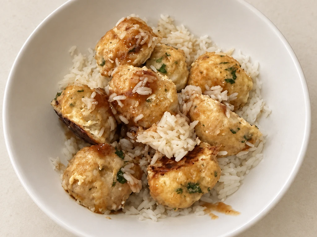 Basil chicken meatballs with jasmine rice and honey BBQ sauce in a white bowl.