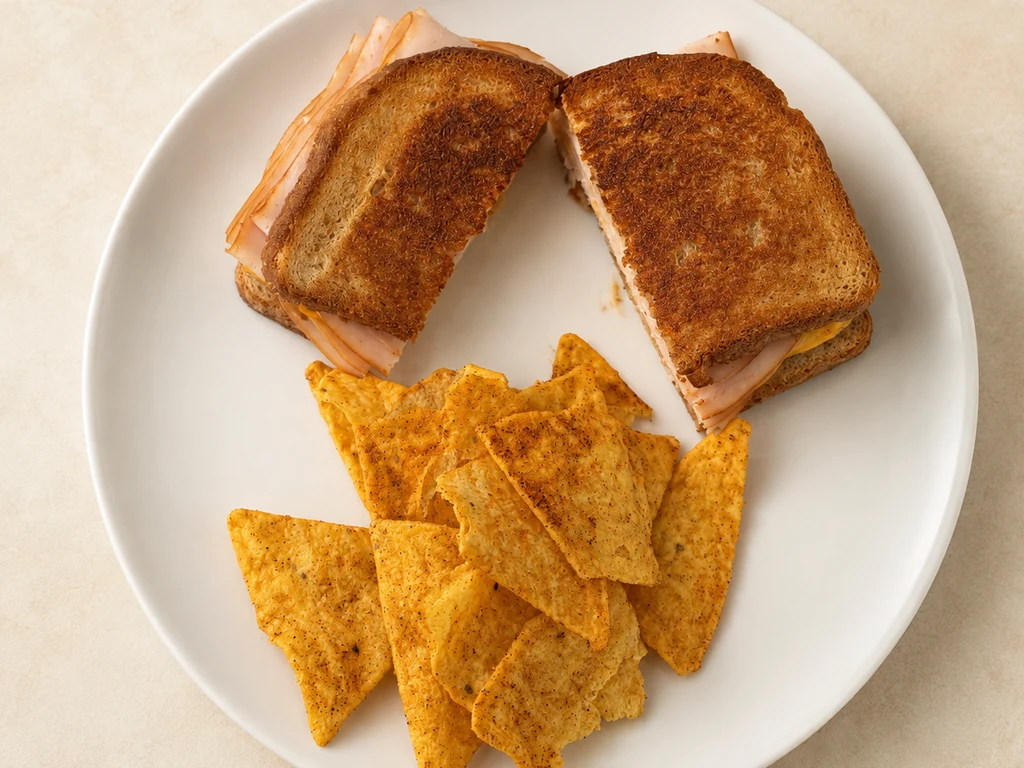Toasted turkey and cheddar protein grilled cheese with chili lime Quest protein chips.