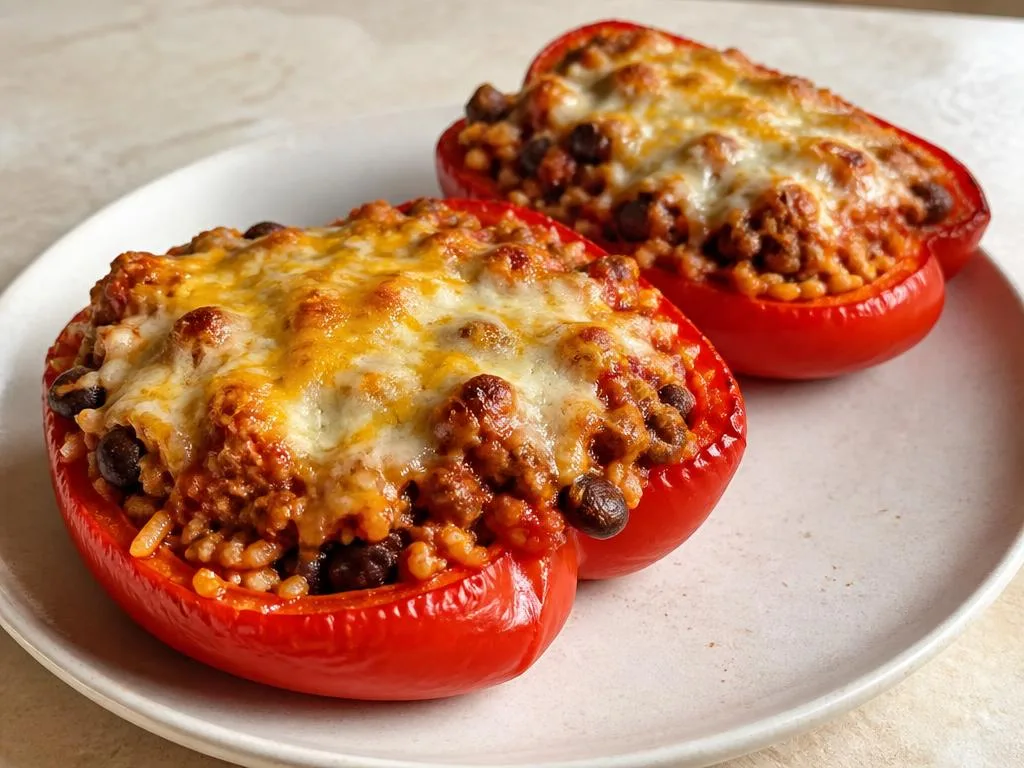 High-protein beef stuffed pepper halves with rice, black beans, marinara, and melted cheese.
