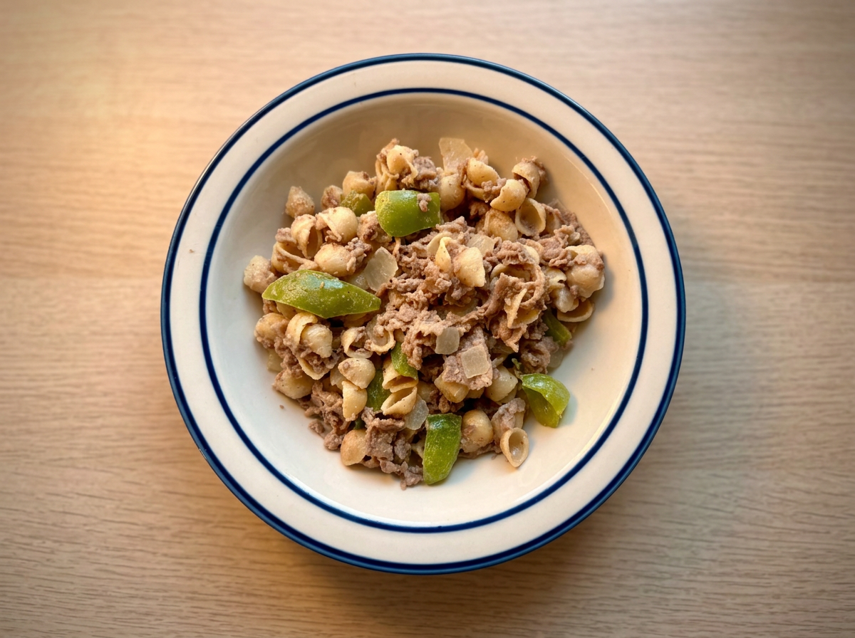 Bowl of cheesesteak Goodles with shaved steak, white cheddar shells, and bell peppers.