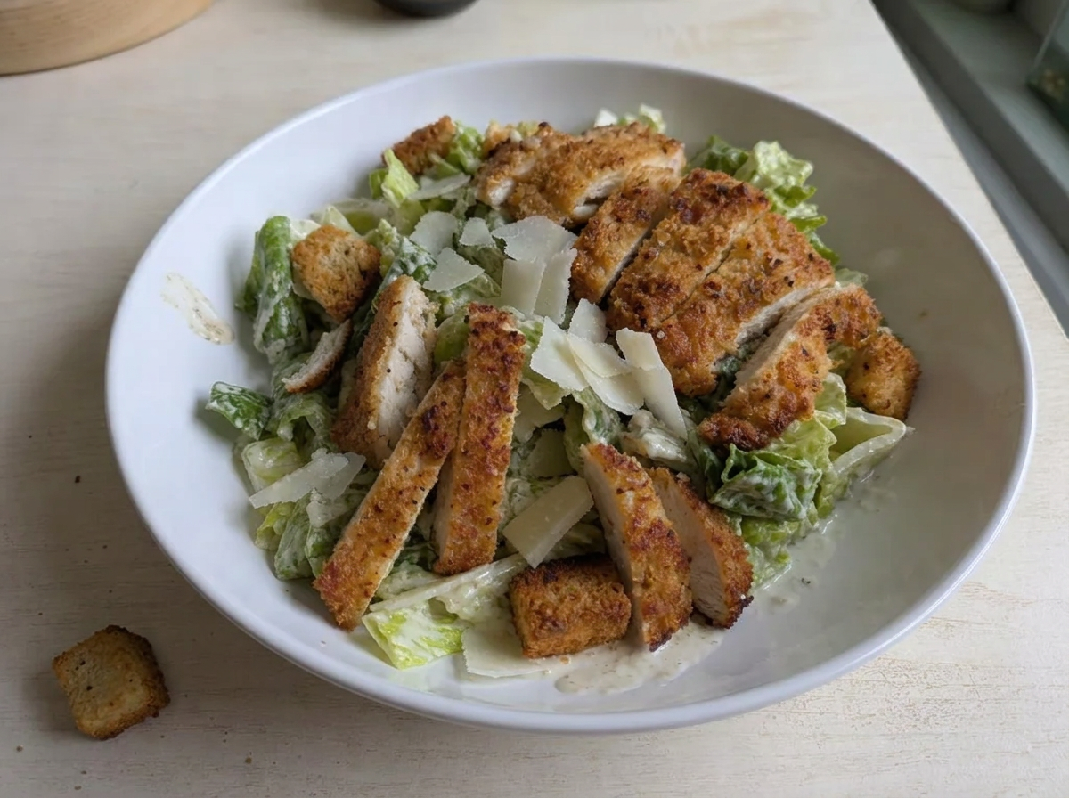 A Caesar salad bowl topped with sliced crispy breaded chicken strips, Parmesan, and croutons.