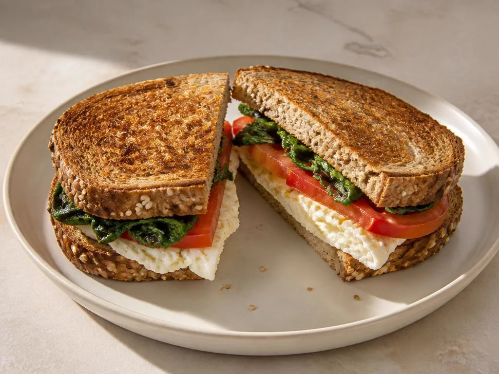 Toasted sprouted-grain breakfast sandwich filled with egg whites, spinach, and tomato.