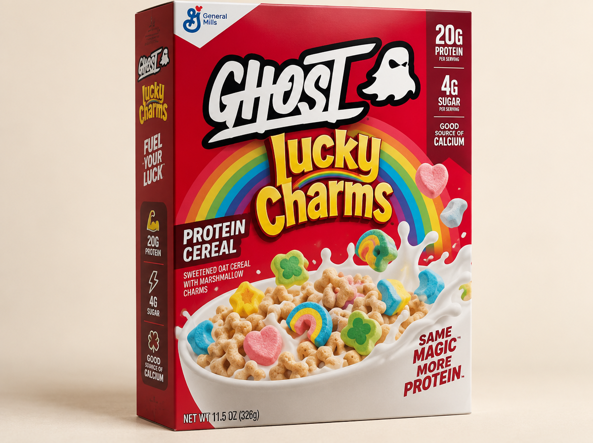 Ghost Lucky Charms protein cereal box