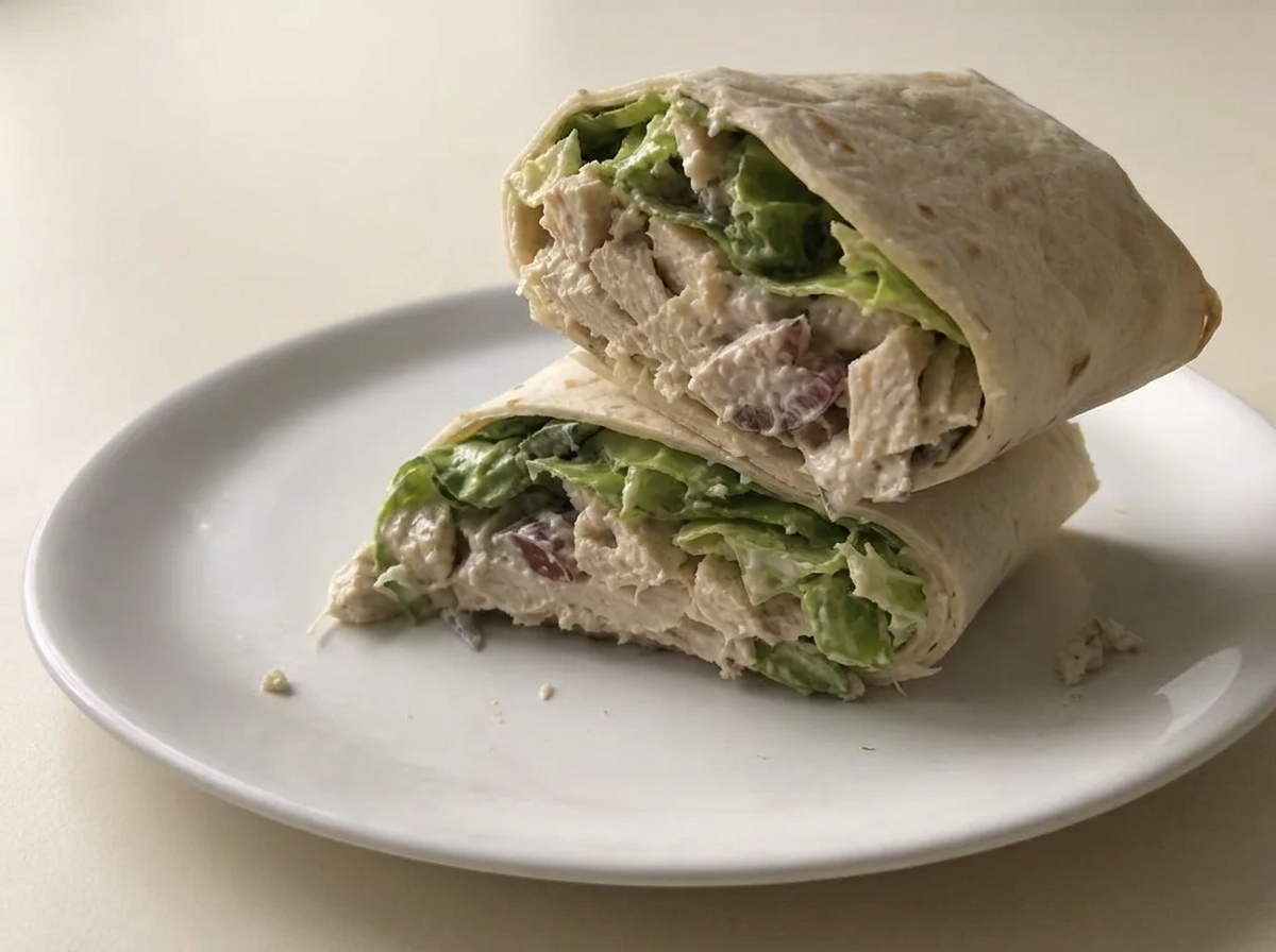 A Greek yogurt chicken salad wrap cut in half showing chopped chicken, celery, and fresh greens.