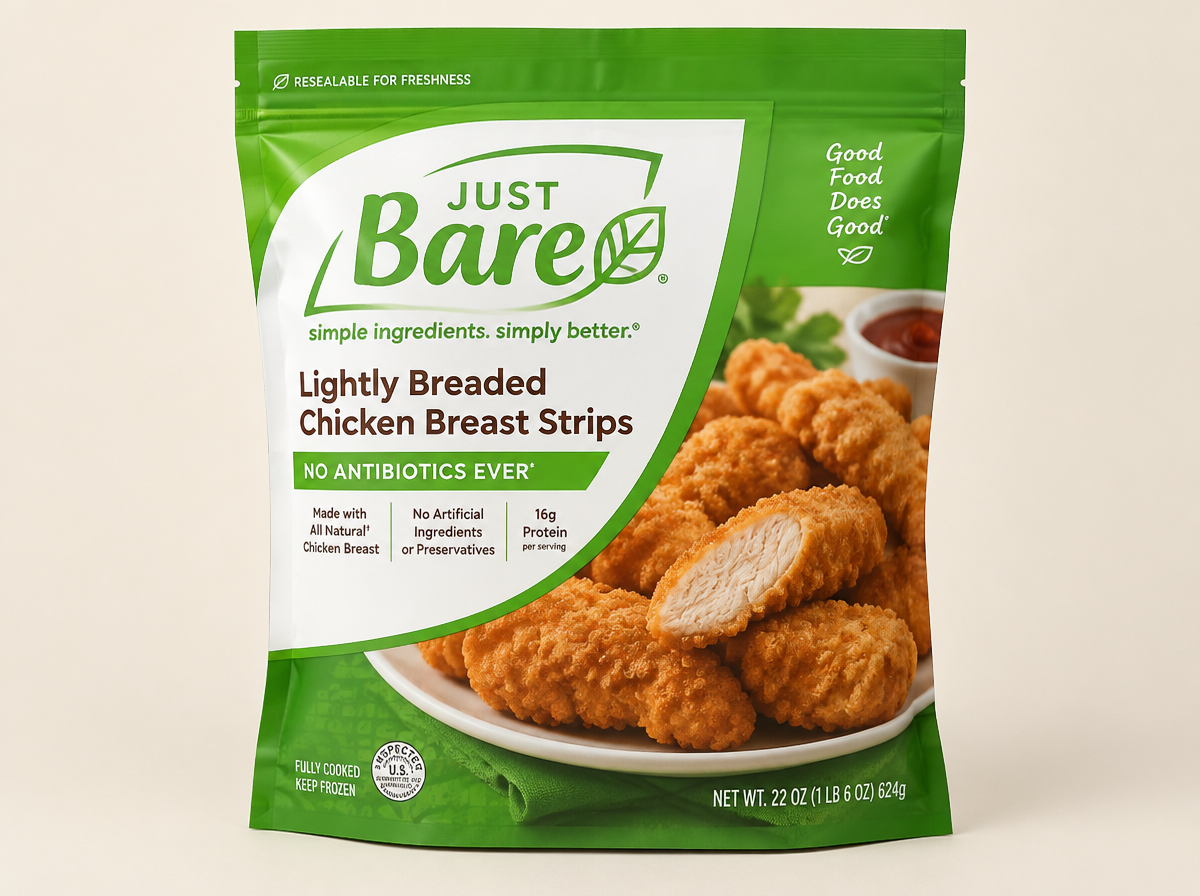 Just Bare lightly breaded chicken breast strips package