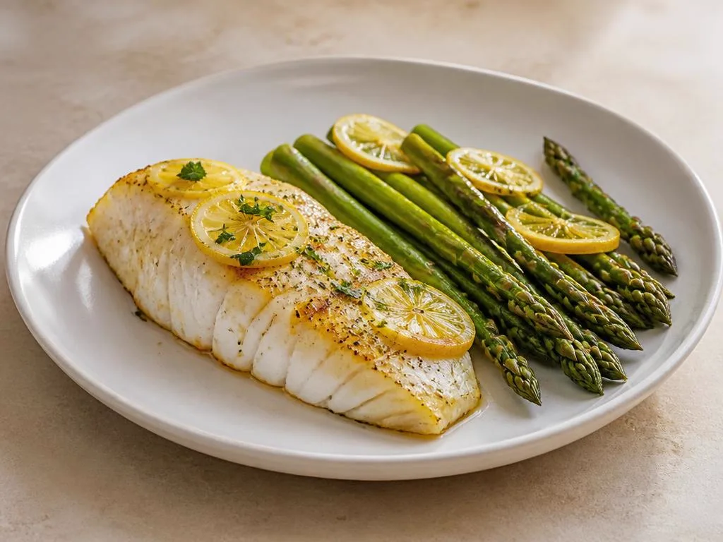 Golden-seared white Pacific cod fillet with lemon butter and sautéed asparagus.