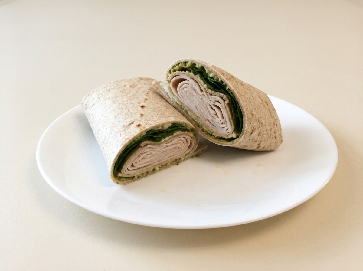 A pesto turkey wrap sliced in half showing spinach, tomato, red onion, and mozzarella.