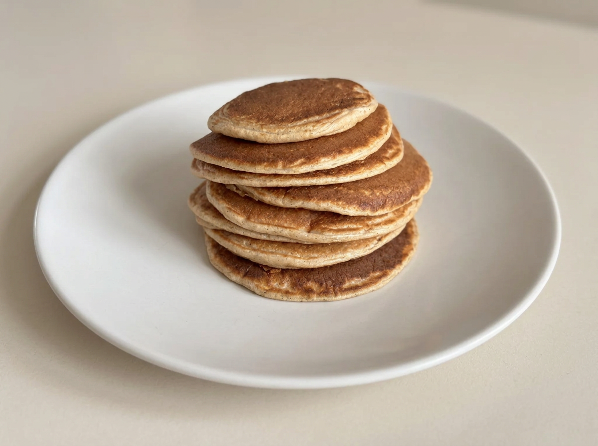 A stack of golden mini protein pancakes on a white plate.
