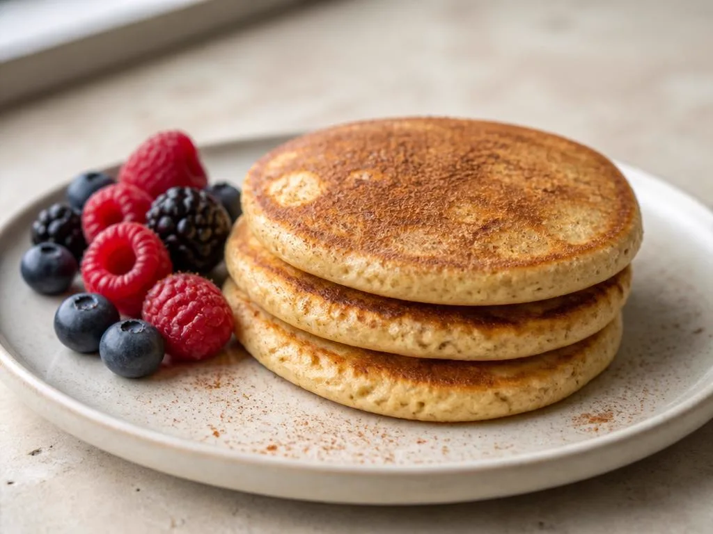 Golden high-protein oatmeal and cottage cheese pancakes with cinnamon and berries.