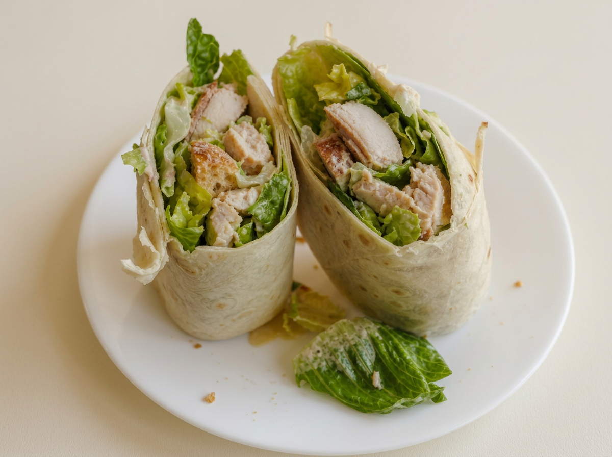 A rotisserie chicken Caesar wrap sliced in half showing shredded chicken, romaine, Parmesan, and croutons.