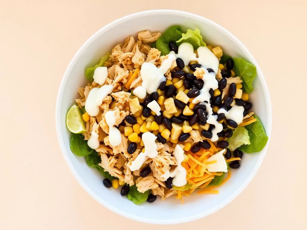 A Southwest chopped salad in a bowl topped with shredded rotisserie chicken, crunchy tortilla strips, and ranch dressing.