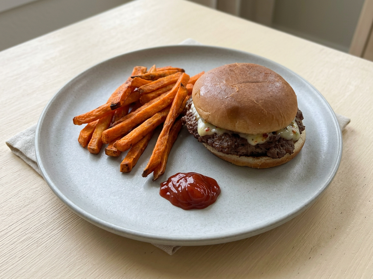 Healthy Smash Burgers with Sweet Potato Fries
