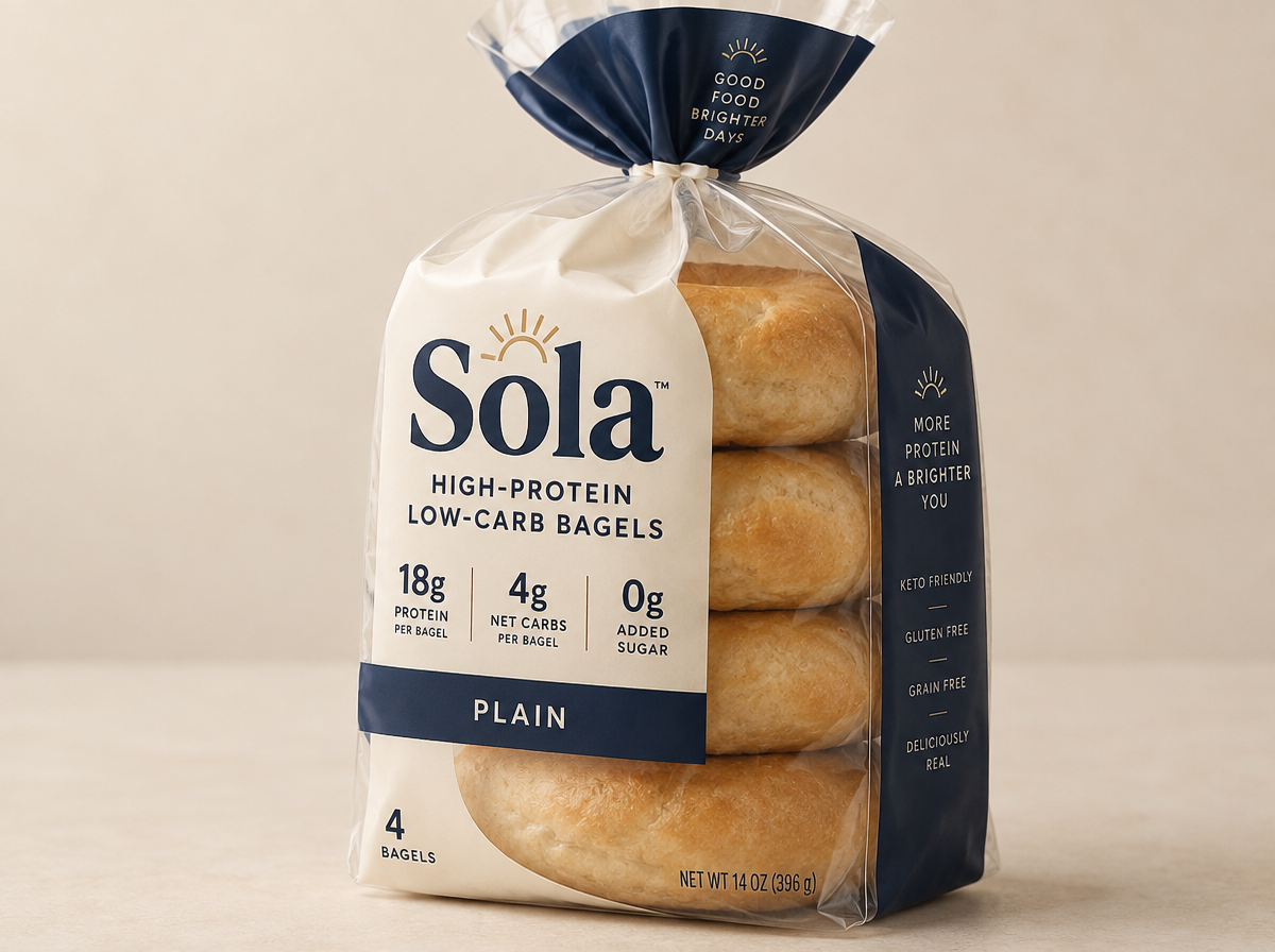 Sola high-protein bagels package